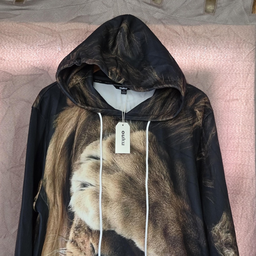 Ouku‎ Hoodie Mens 2XL Brown Lion Facepalm Allover Graphic Pullover Nature Top